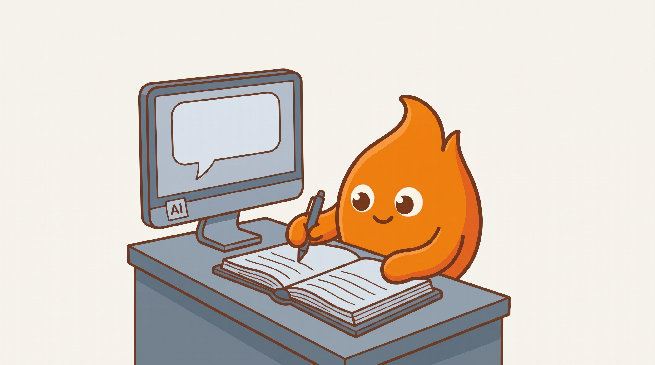 A small flame-shaped character copies a line from an AI monitor's blank speech bubble into a bound logbook