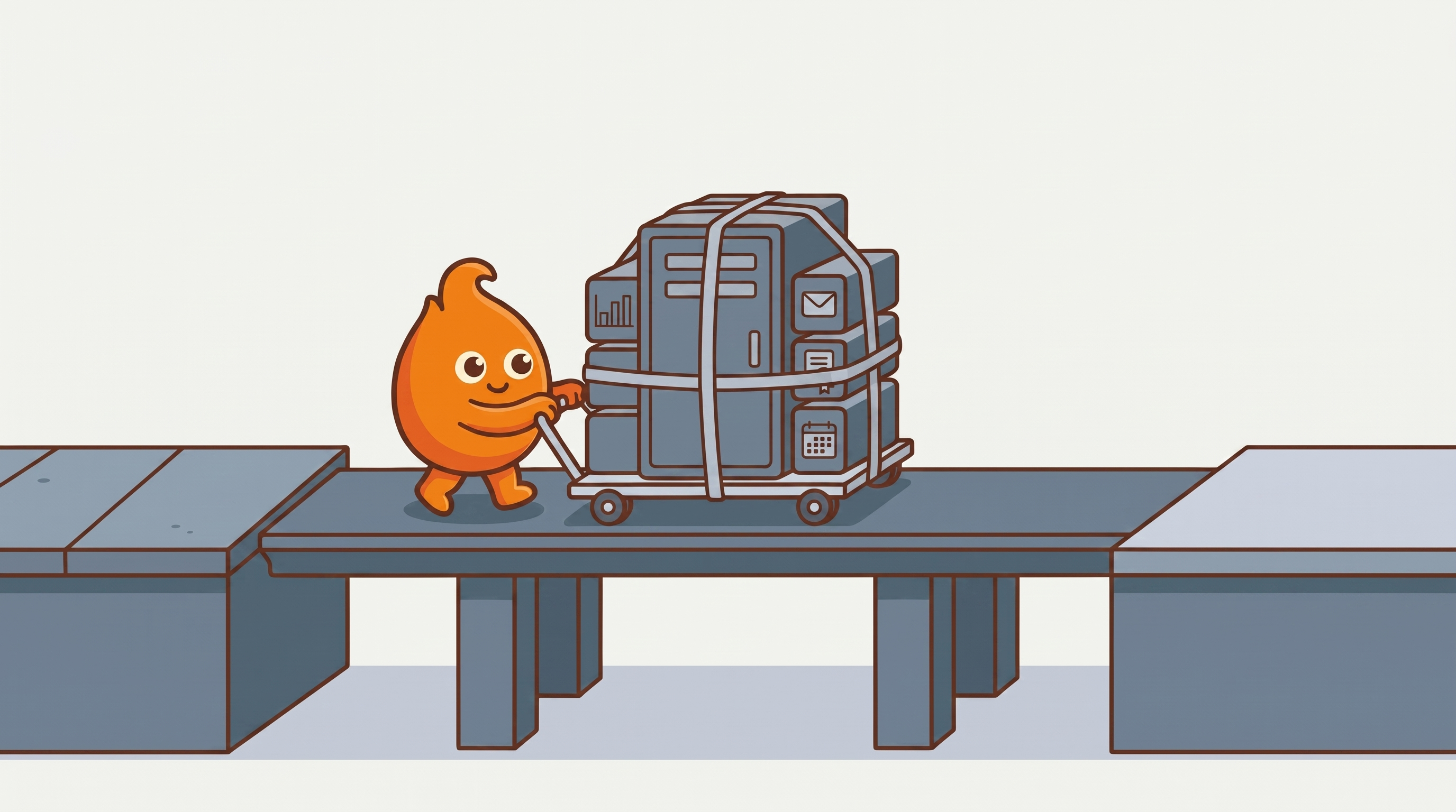 Illustration: an entire equipment rack with its support modules strapped securely in place is wheeled carefully across a bridge to the new platform.