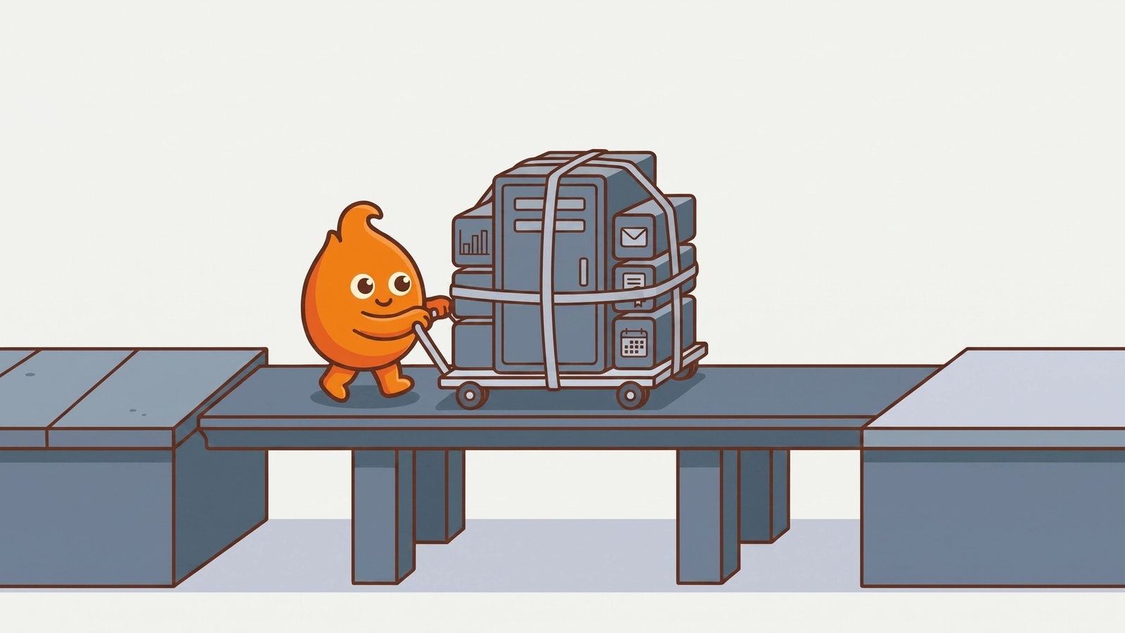 Illustration: an entire equipment rack with its support modules strapped securely in place is wheeled carefully across a bridge to the new platform.