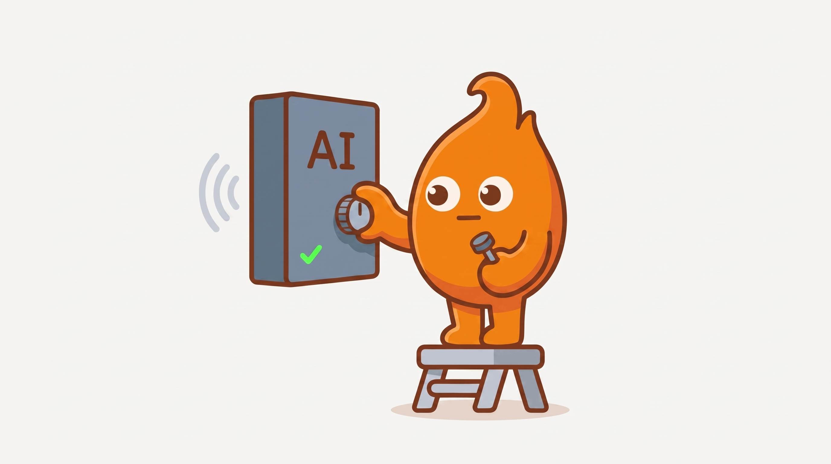 The mascot swaps an auto-triggered timer dial for a manual push switch on an AI-labeled monitor, a steady green checkmark confirming the fix