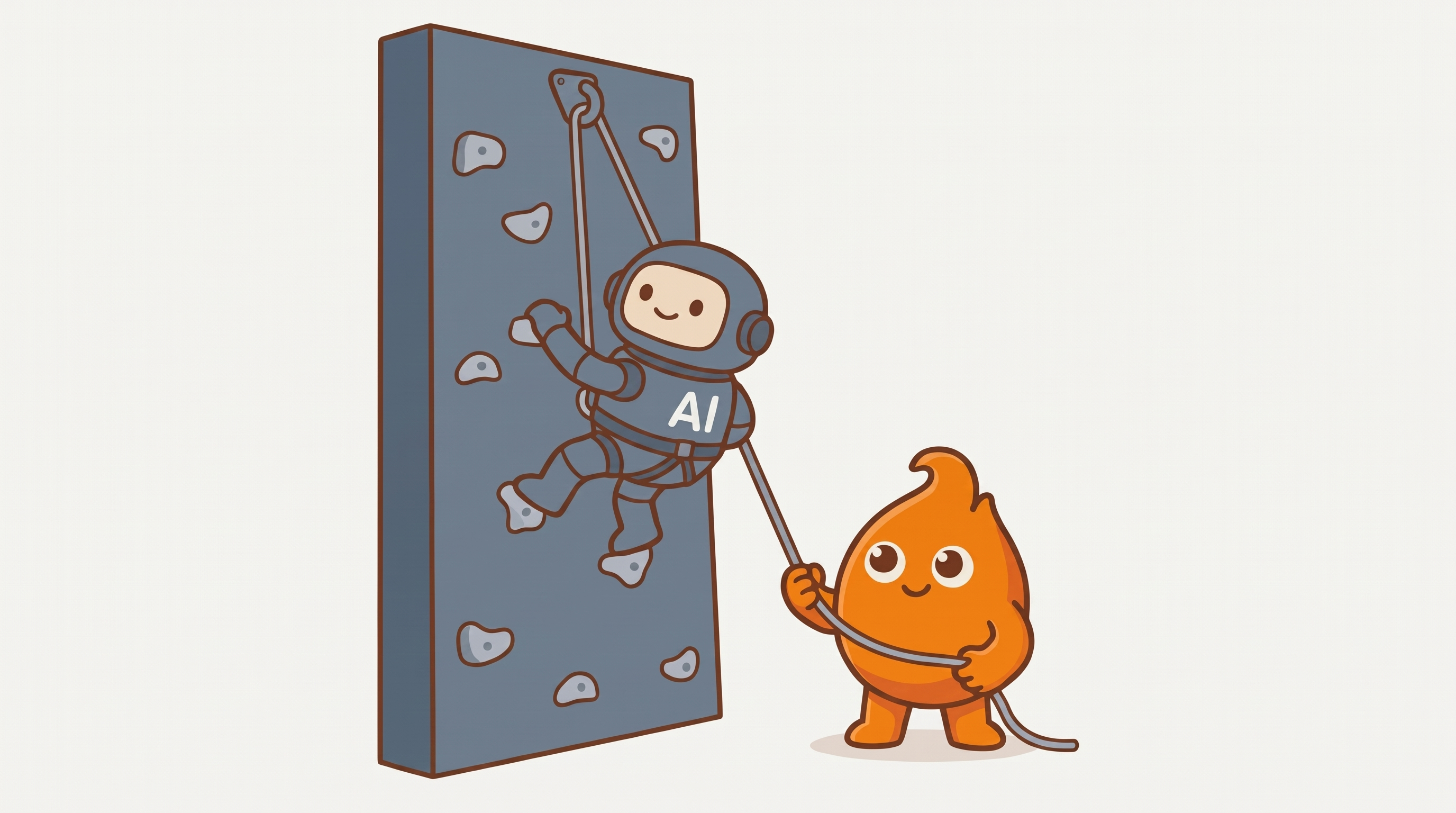 A flame mascot belays from the floor while an AI robot climbs a rock wall, the human holding the rope that catches a fall