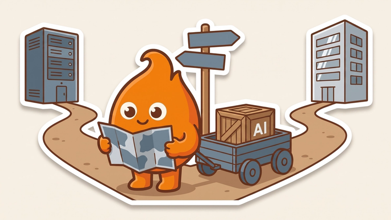 Illustration: at a fork between an aging server tower and a modern building, the mover pauses to study the map before delivering a crate labeled AI.
