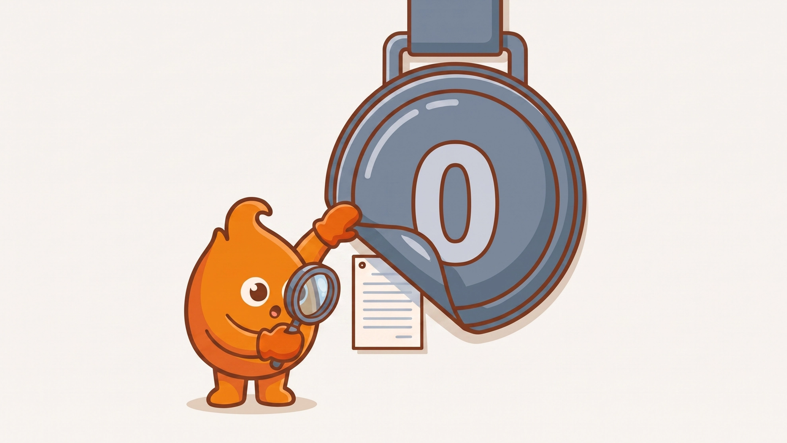 A character lifts the corner of a giant zero-shaped badge like a curtain to read the fine-print document pinned behind it with a magnifying glass.