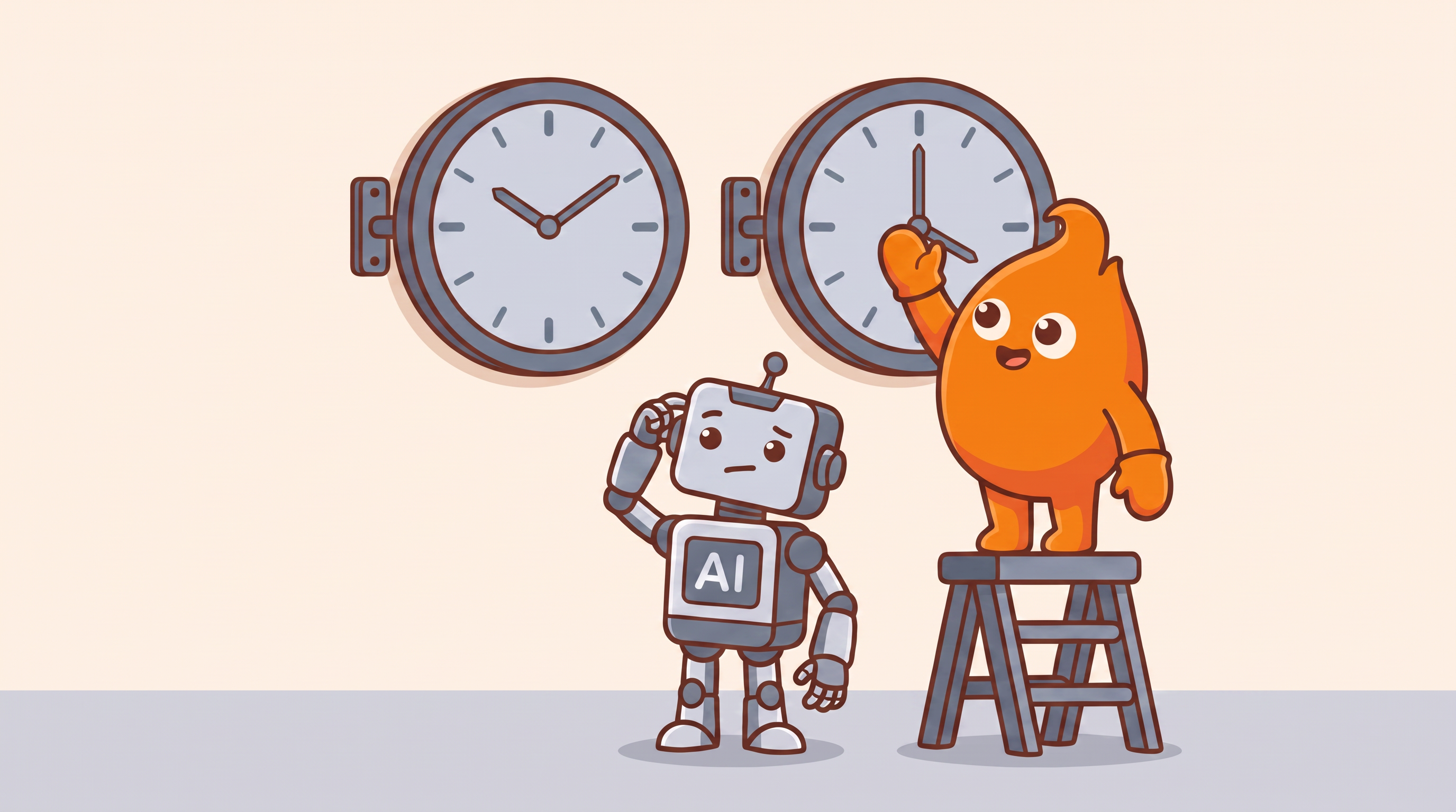 The mascot stands on a step ladder syncing one wall clock to another while a puzzled AI robot looks on — two sources of truth disagreeing, fixed at the source.