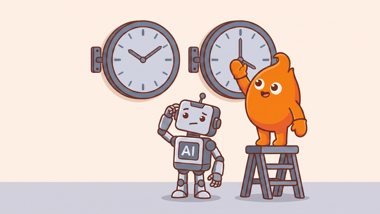 The mascot stands on a step ladder syncing one wall clock to another while a puzzled AI robot looks on — two sources of truth disagreeing, fixed at the source.
