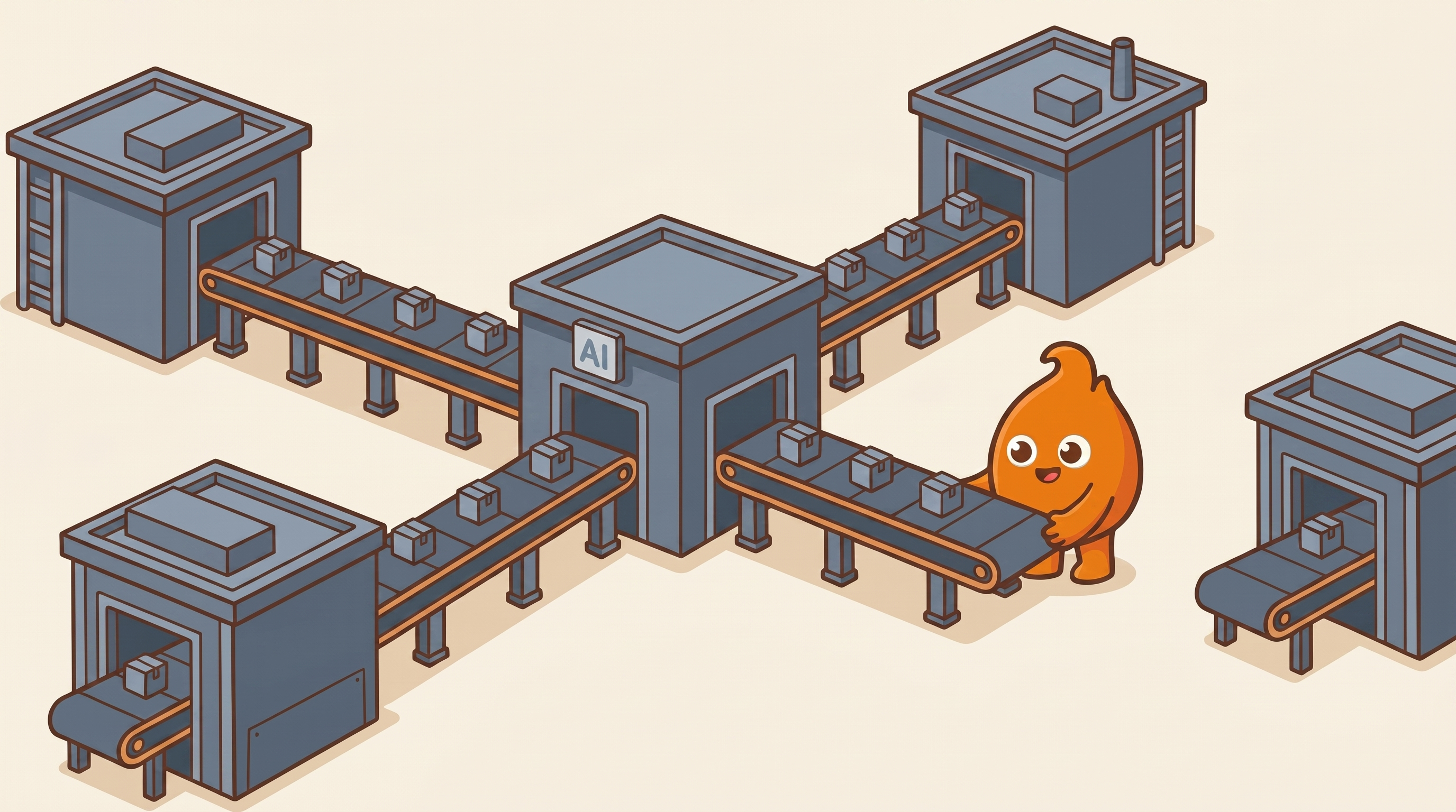 Illustration: a central hub labeled AI connects conveyor belts running out to every warehouse depot, with the final link just being connected.