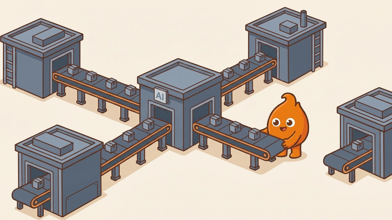 Illustration: a central hub labeled AI connects conveyor belts running out to every warehouse depot, with the final link just being connected.