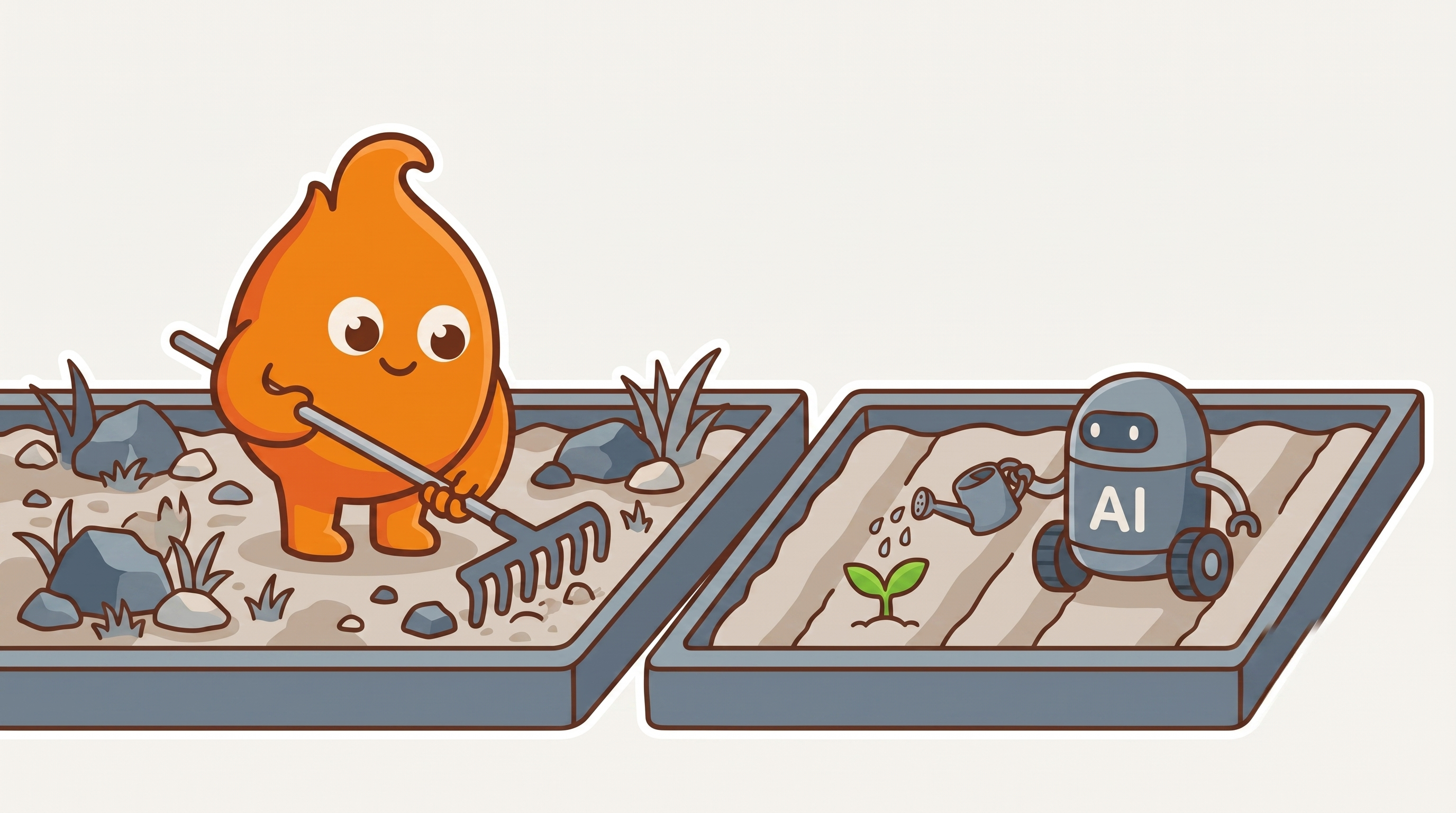 Two garden beds side by side: the mascot rakes a rocky, untended bed while an AI-labeled robot waters a single green seedling in tilled, orderly rows
