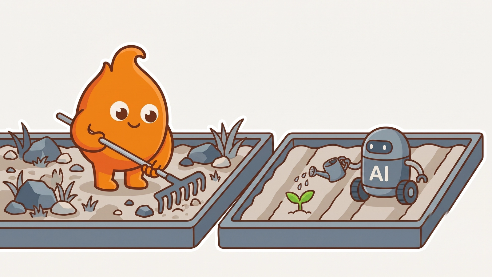 Two garden beds side by side: the mascot rakes a rocky, untended bed while an AI-labeled robot waters a single green seedling in tilled, orderly rows