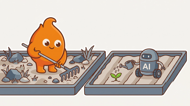 Two garden beds side by side: the mascot rakes a rocky, untended bed while an AI-labeled robot waters a single green seedling in tilled, orderly rows