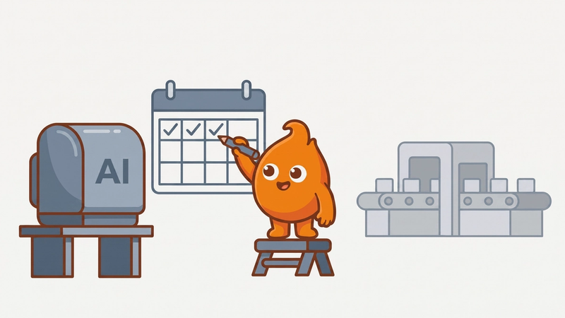 A small mascot ticks daily checkmarks on a wall calendar beside a new AI machine on a test bench, while the proven production machine keeps running behind: a new model earns trust one calm day at a time