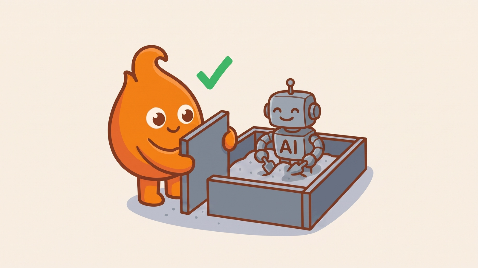 A literal sandbox being built: high slate walls going up around a happy AI robot playing safely inside, with a green check mark of approval