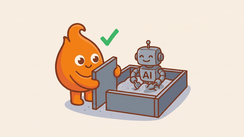 A literal sandbox being built: high slate walls going up around a happy AI robot playing safely inside, with a green check mark of approval