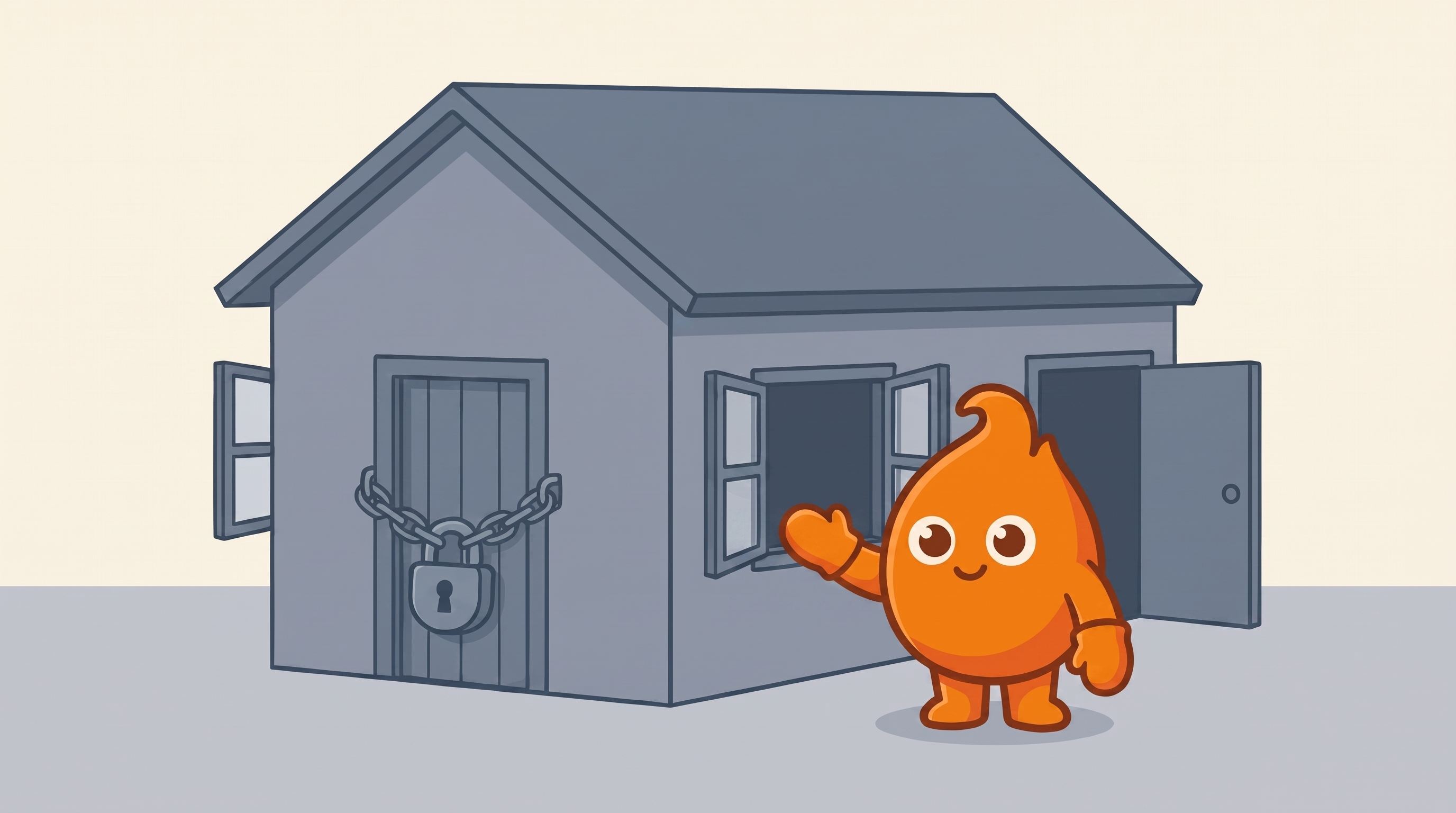 A house with one heavily chained padlock on the front door while every side window and the back door stand wide open, and a pointer aimed at an open window: quarantining one leaked key locks a single door and leaves the rest of the account open.