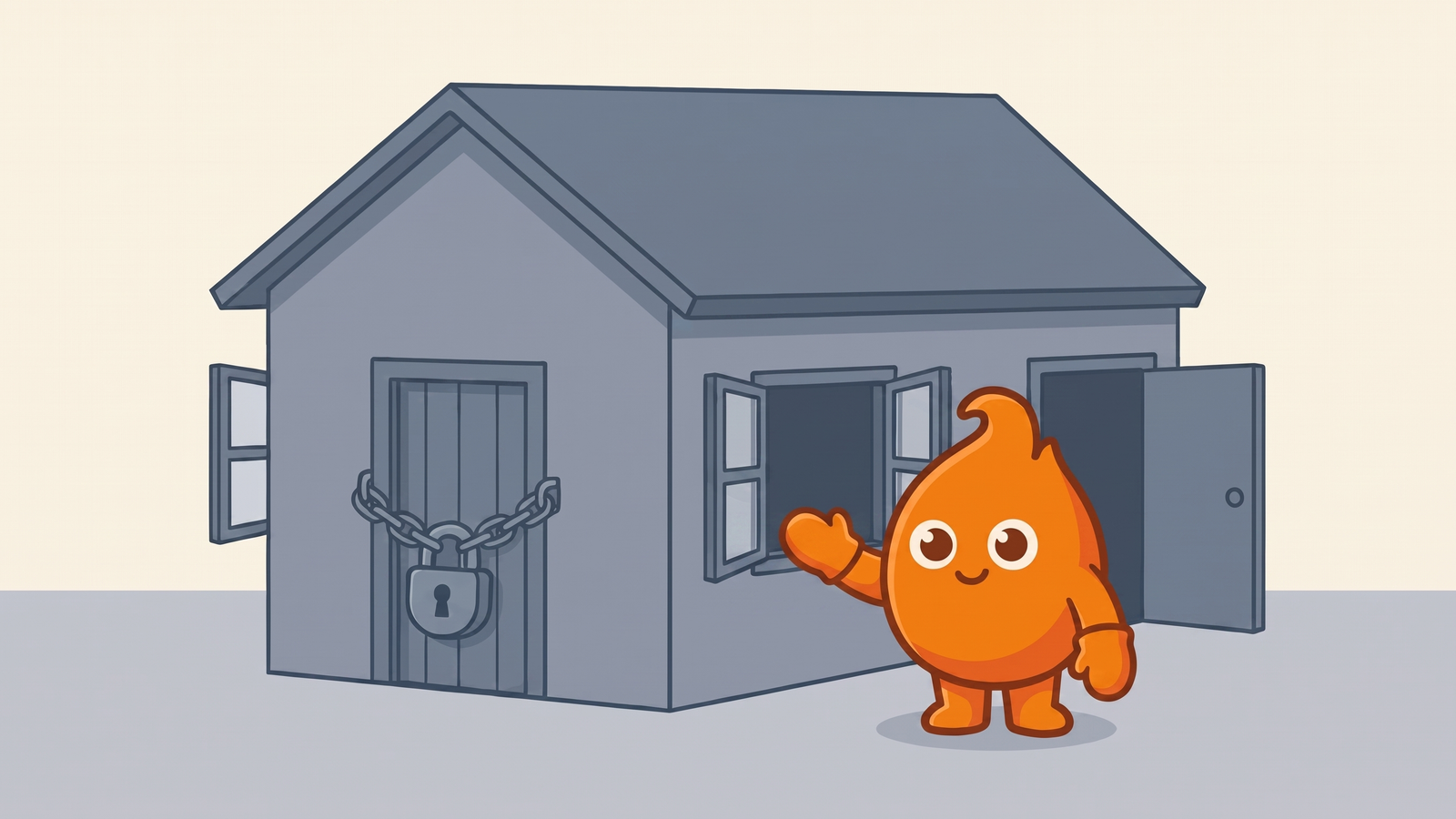 A house with one heavily chained padlock on the front door while every side window and the back door stand wide open, and a pointer aimed at an open window: quarantining one leaked key locks a single door and leaves the rest of the account open.