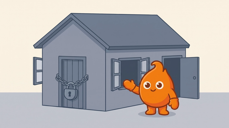A house with one heavily chained padlock on the front door while every side window and the back door stand wide open, and a pointer aimed at an open window: quarantining one leaked key locks a single door and leaves the rest of the account open.