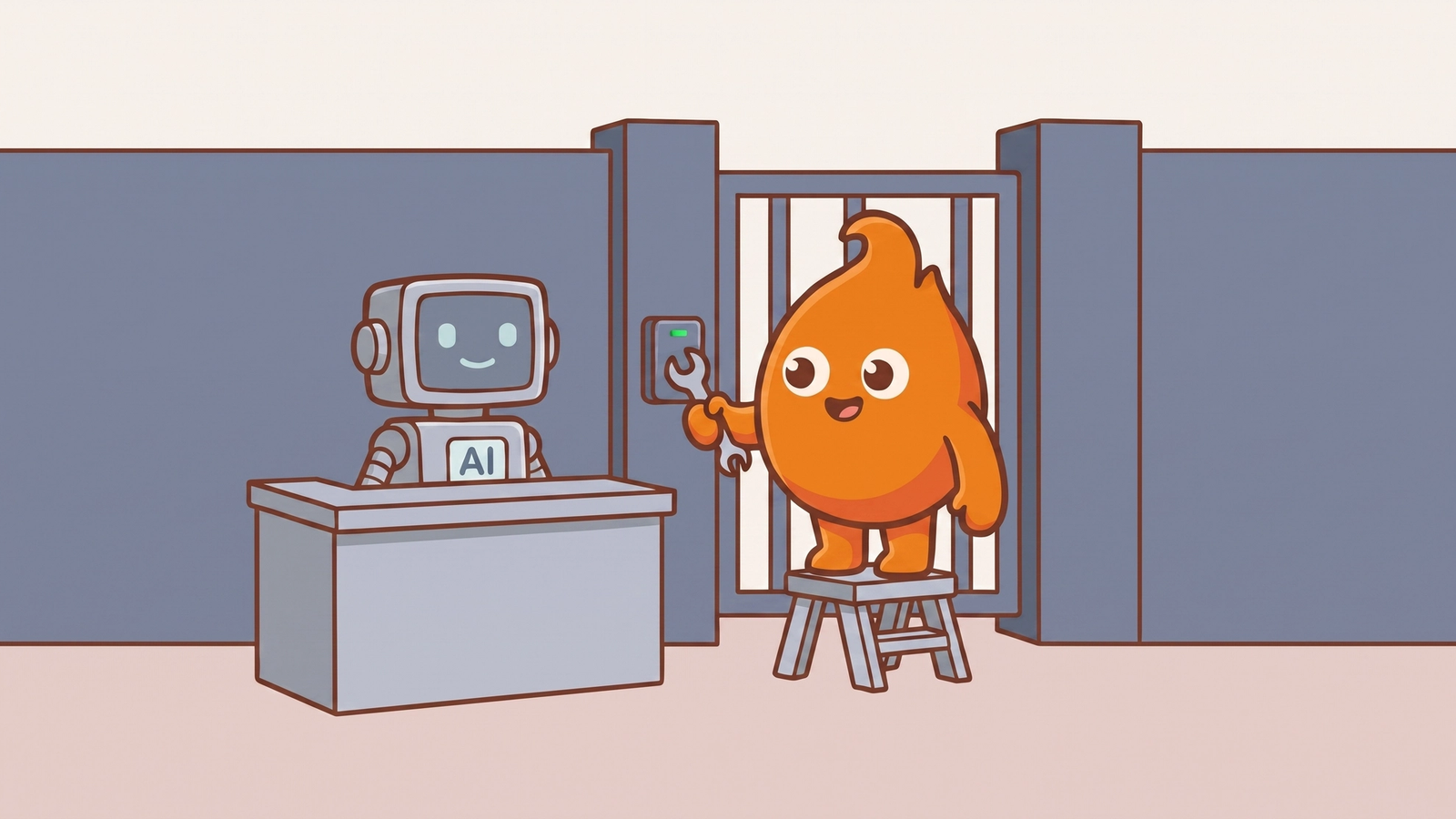 The mascot climbs a stool to bolt a badge scanner onto the gate post beside a friendly AI receptionist desk, so entry stops depending on a good story.