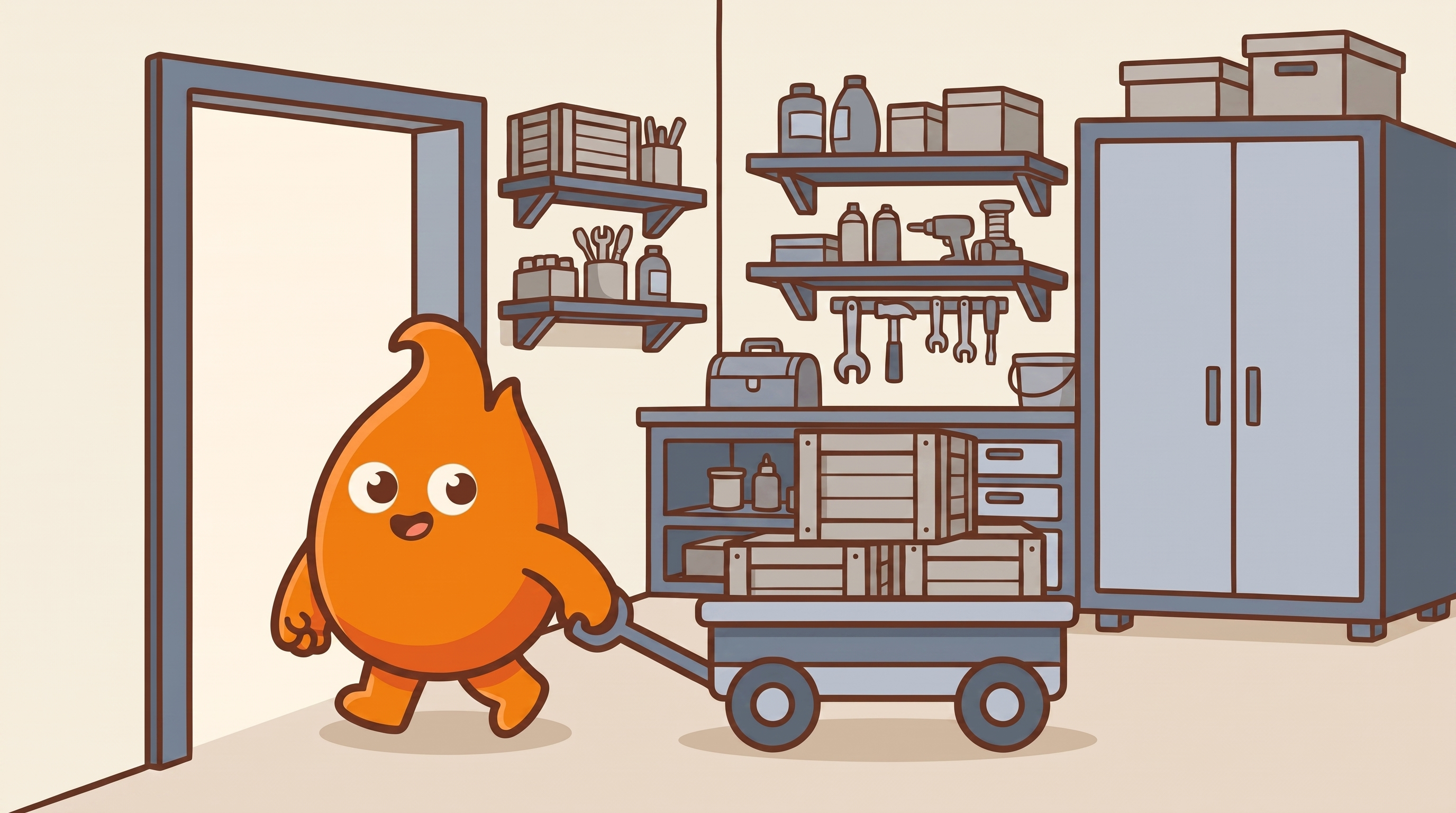 A character rehearses pulling a wagon of crates out the door while the built-in workshop shelving visibly stays behind, practicing the exit before committing.