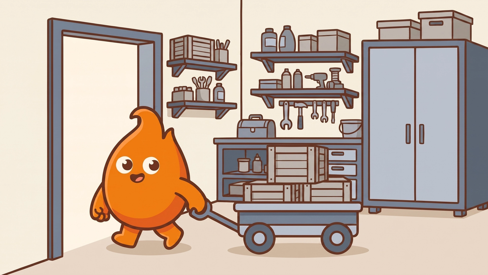 A character rehearses pulling a wagon of crates out the door while the built-in workshop shelving visibly stays behind, practicing the exit before committing.