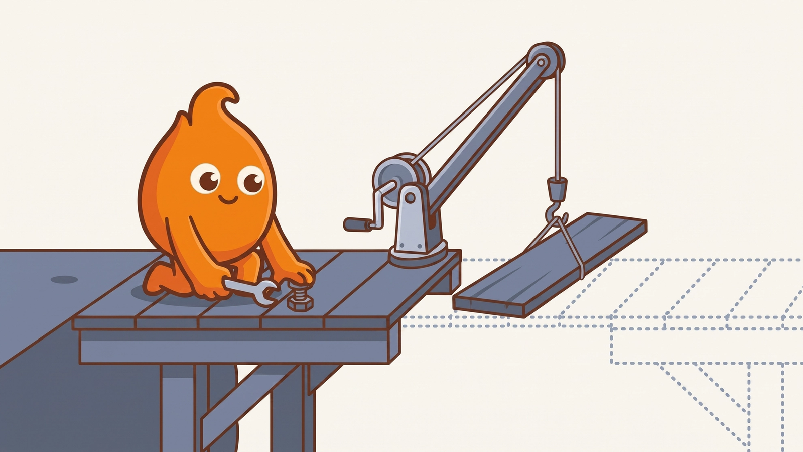 Illustration: the first solid section of a bridge is bolted in place while a hand-crank crane lowers the next plank; the rest of the span is only a dotted outline.