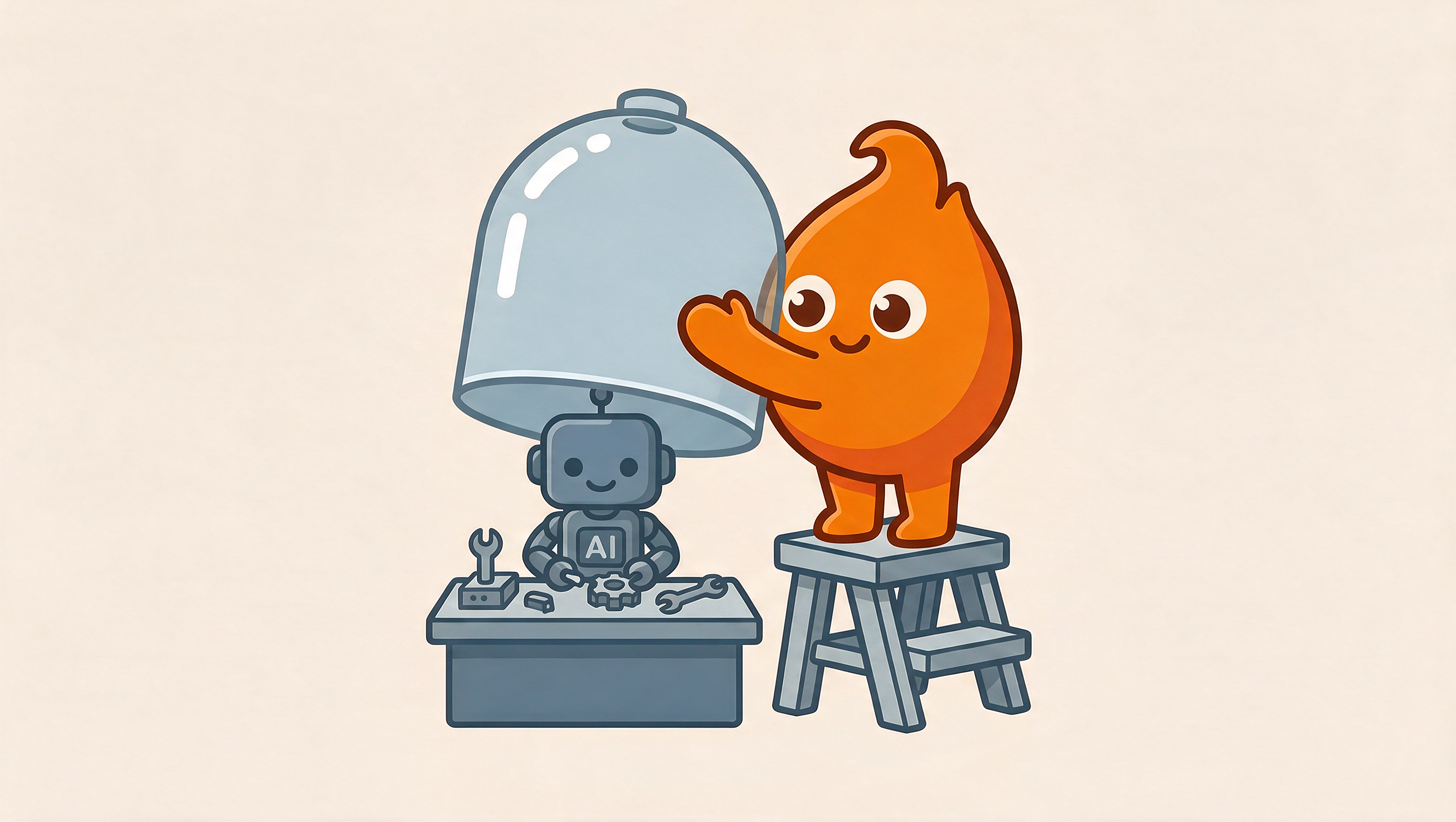 A small orange mascot lowers a glass containment dome over a tinkering AI robot on a workbench, bounding its workspace before granting it access.