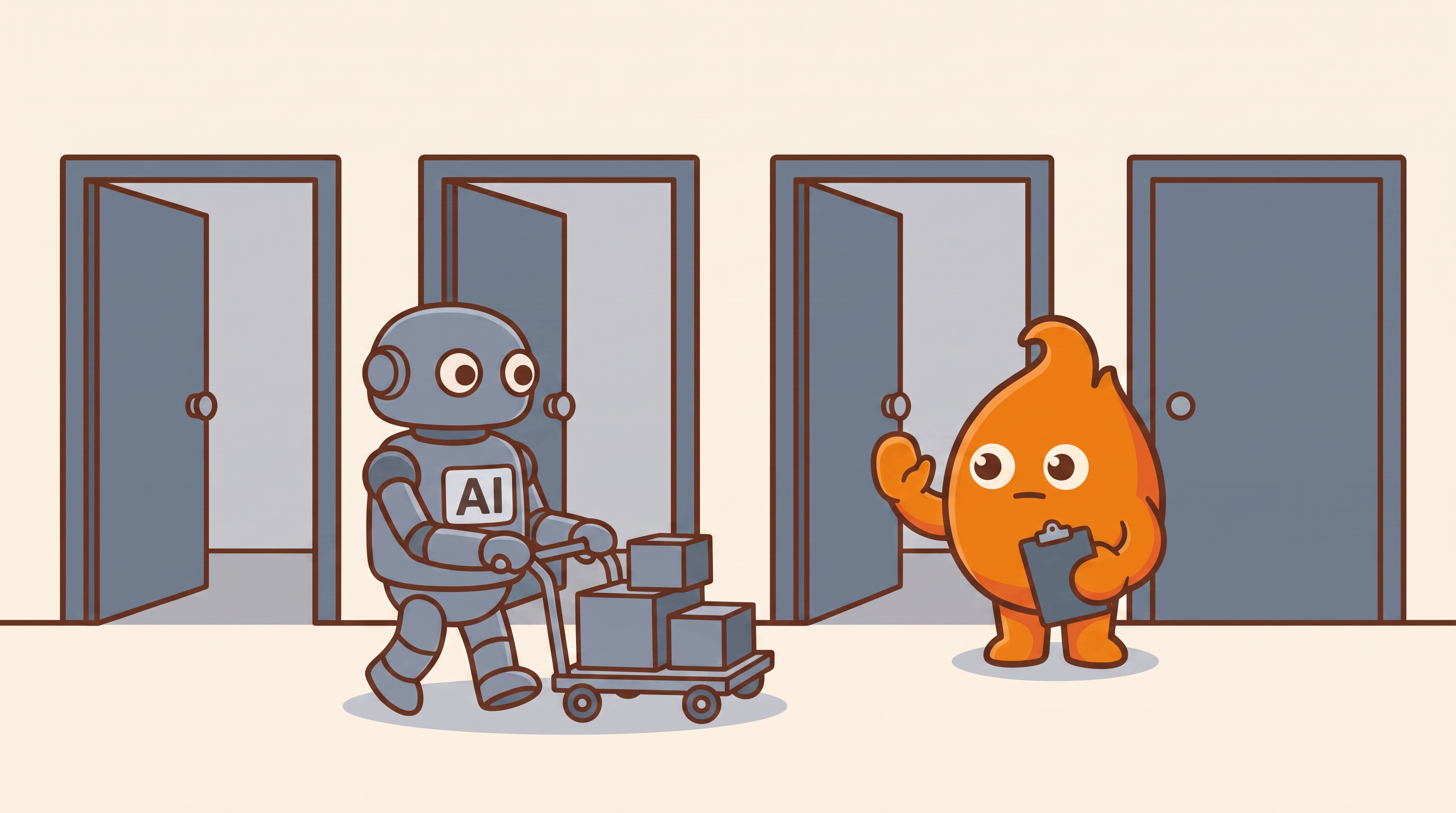 A corridor of four doors, three standing open and one closed, where a robot labeled AI pushes a cart of boxes freely past the open doors while a reviewer with a clipboard raises a calm stop hand at the closed one: agents run unattended through most of the pipeline and stop cold at the few moments that need a human.