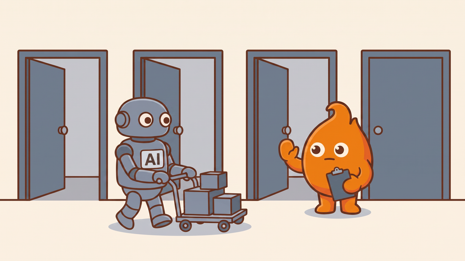 A corridor of four doors, three standing open and one closed, where a robot labeled AI pushes a cart of boxes freely past the open doors while a reviewer with a clipboard raises a calm stop hand at the closed one: agents run unattended through most of the pipeline and stop cold at the few moments that need a human.