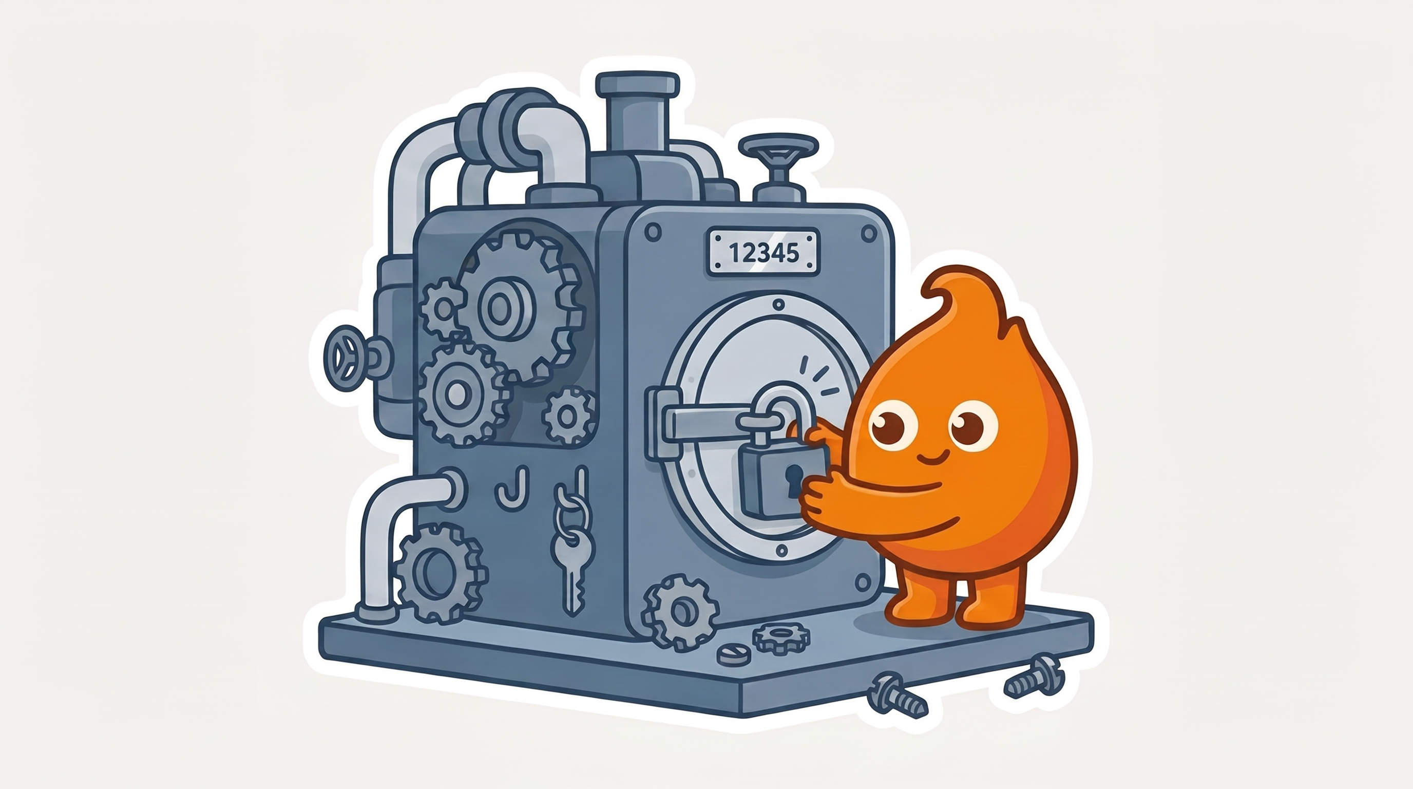 A character locks a padlock on a legacy machine's input hatch, a clear version plate visible on its body