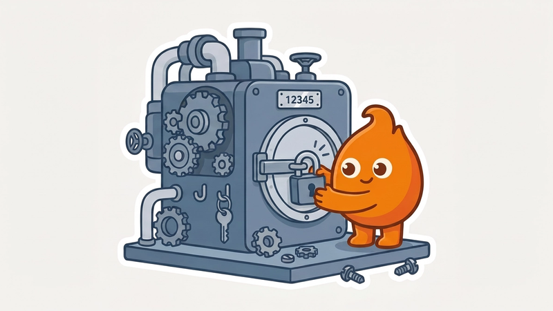 A character locks a padlock on a legacy machine's input hatch, a clear version plate visible on its body
