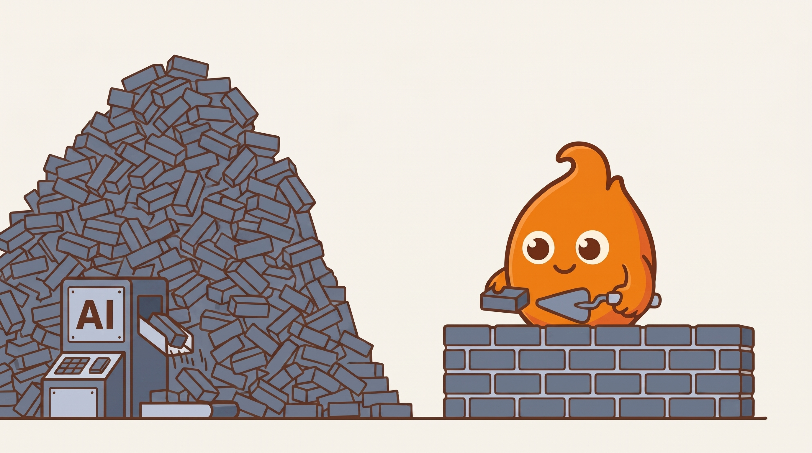 A brick-making machine labeled AI churns out a towering pile of loose bricks while the character calmly lays a single brick onto a short, actually-finished wall