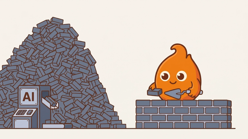 A brick-making machine labeled AI churns out a towering pile of loose bricks while the character calmly lays a single brick onto a short, actually-finished wall