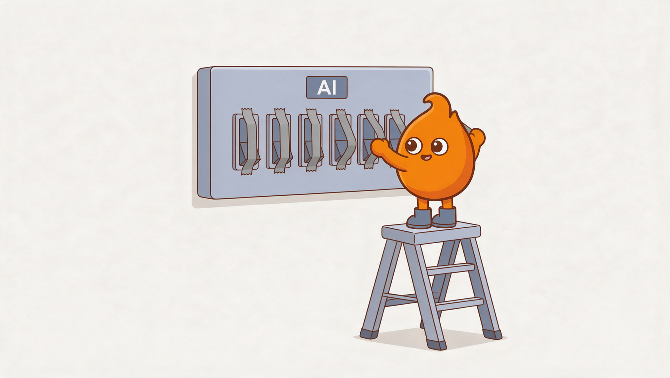 A flame mascot tapes down the last loose toggle switches on a control panel labeled AI: lock your settings before the defaults flip.