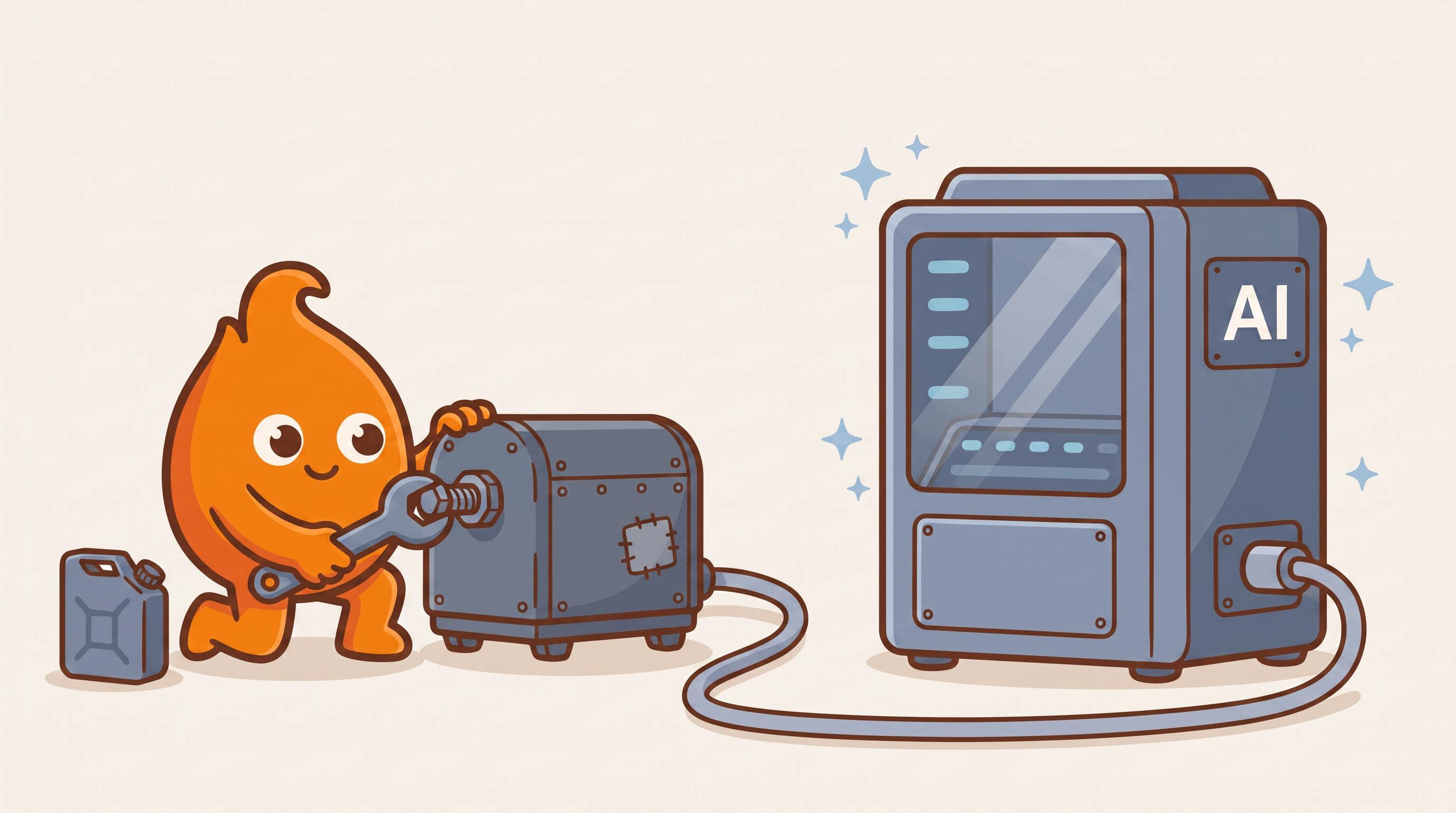 A gleaming new AI machine sits connected by a cable to a humble old generator that the character keeps maintaining with a wrench and a can of oil