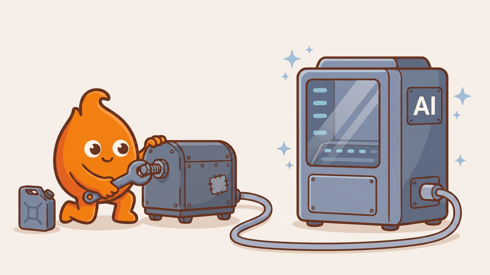 A gleaming new AI machine sits connected by a cable to a humble old generator that the character keeps maintaining with a wrench and a can of oil