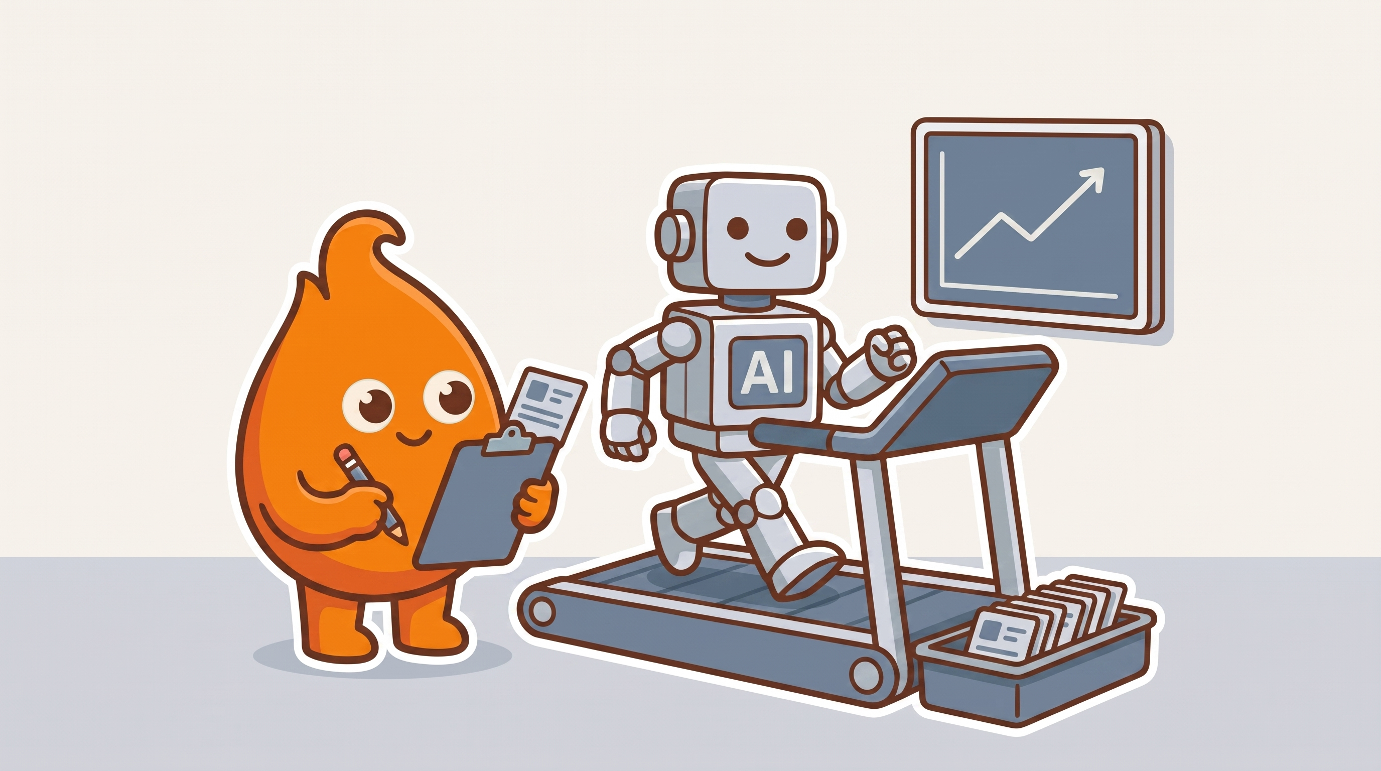 Illustration: a robot labeled AI runs happily on a treadmill test bench while its output cards are checked one by one against the monitor's trend line.