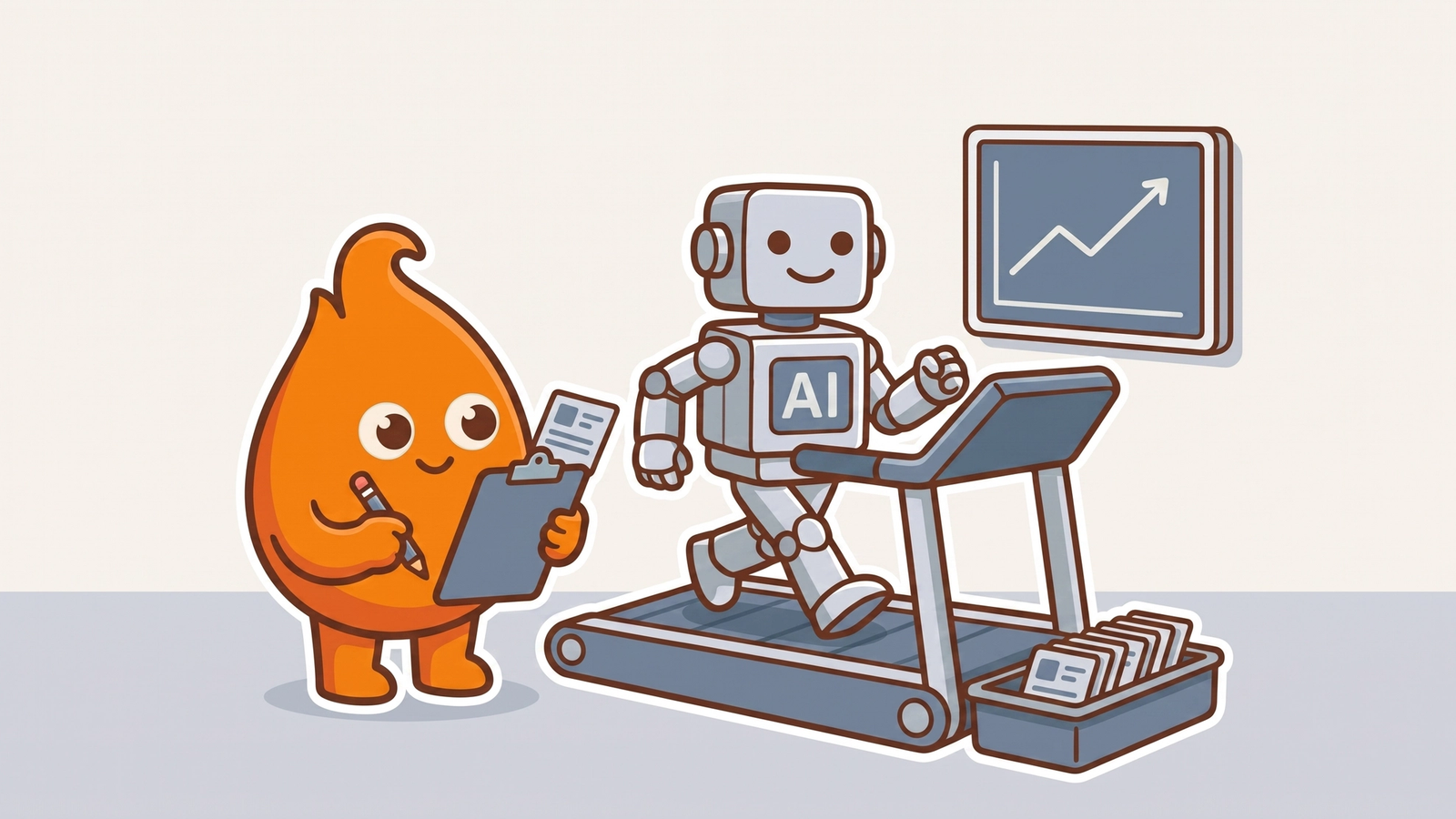 Illustration: a robot labeled AI runs happily on a treadmill test bench while its output cards are checked one by one against the monitor's trend line.