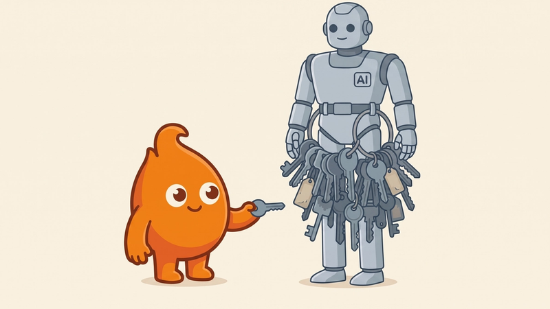 A small flame-shaped character hands a single key to a towering AI robot already weighed down by a giant ring of decades-old mismatched keys
