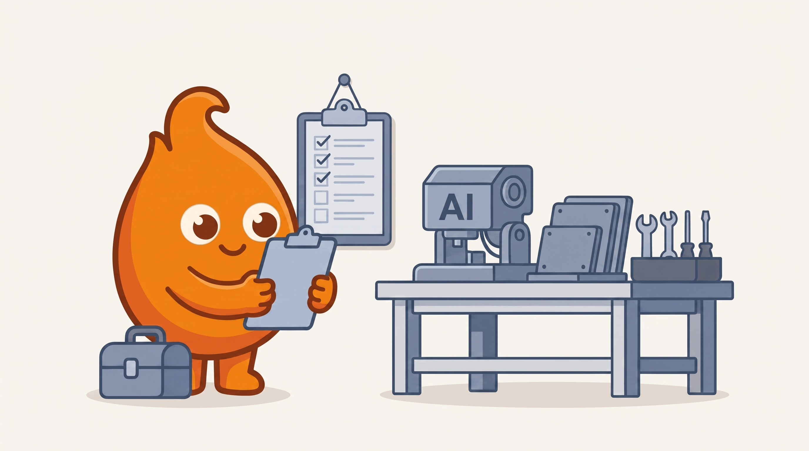 Illustration: arriving for the next shift, the worker reads the previous shift's ticked checklist before touching the half-built machine labeled AI.