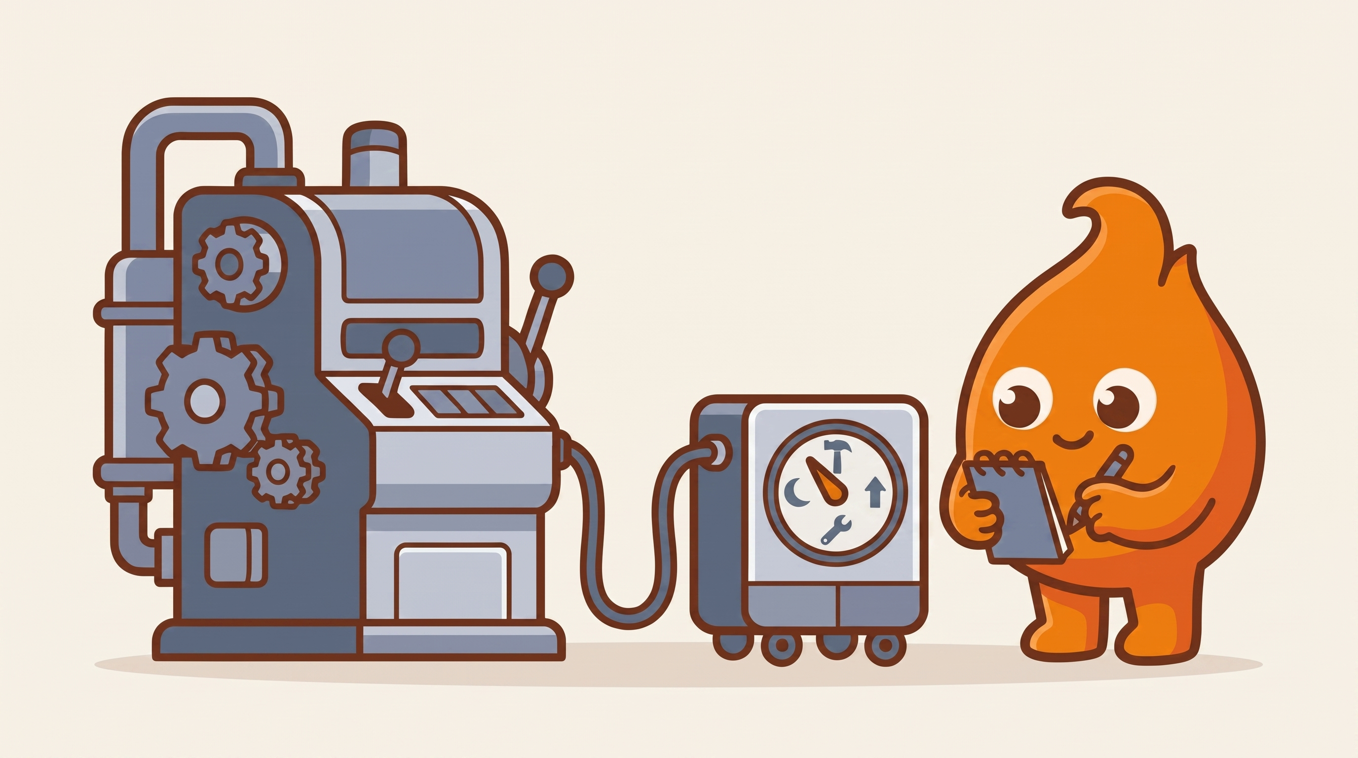 Illustration: a diagnostic meter wheeled up to an old machine, its needle pointing at a wrench icon while an inspector takes notes.