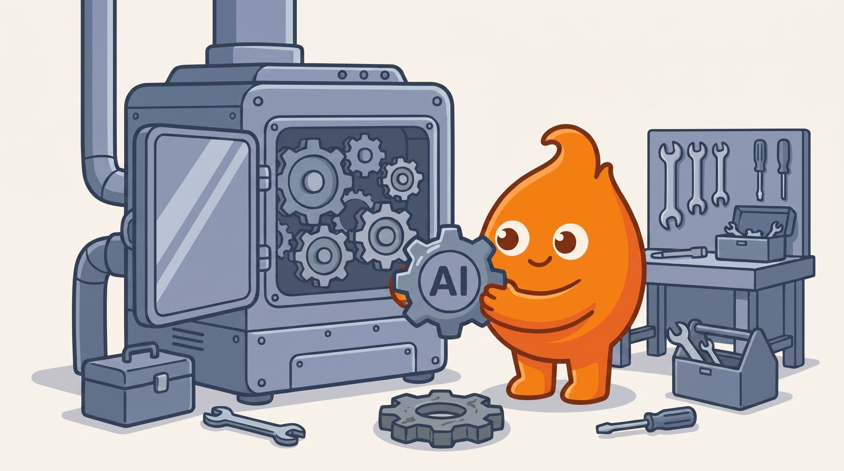 Illustration: a shiny new gear labeled AI is test-fitted against a machine's existing gear train before anything gets installed.