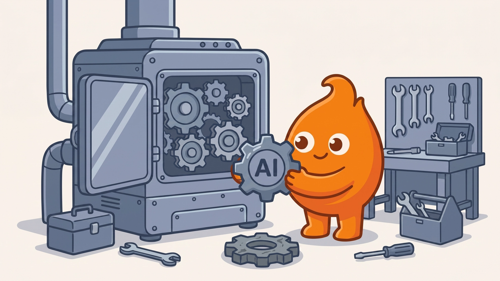 Illustration: a shiny new gear labeled AI is test-fitted against a machine's existing gear train before anything gets installed.
