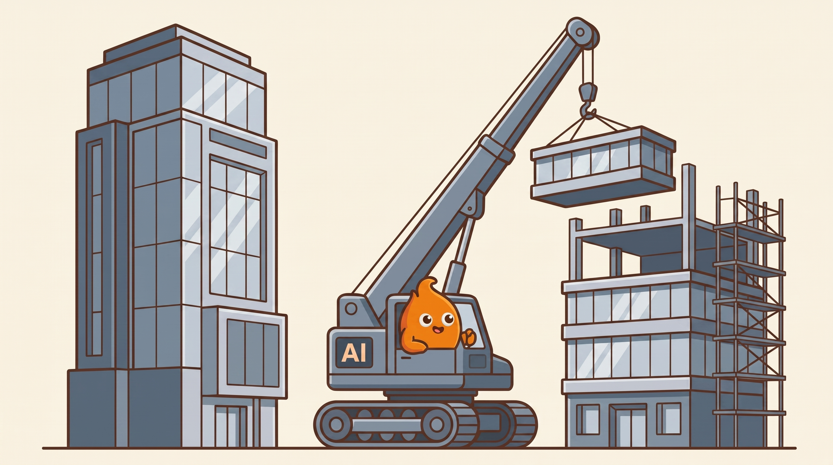 Illustration: one tower stands finished while a crane labeled AI lifts the next module onto the building going up beside it — steady upgrade in progress.