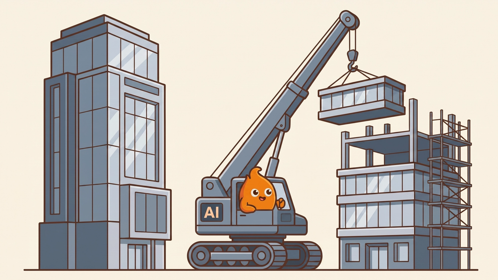 Illustration: one tower stands finished while a crane labeled AI lifts the next module onto the building going up beside it — steady upgrade in progress.