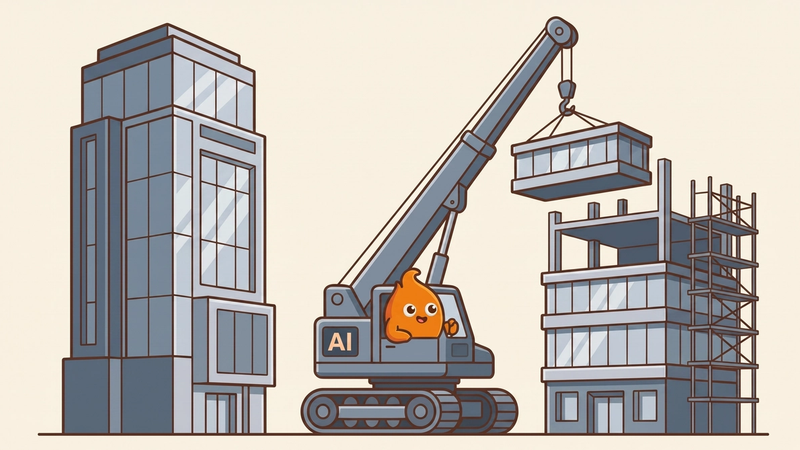 Illustration: one tower stands finished while a crane labeled AI lifts the next module onto the building going up beside it — steady upgrade in progress.