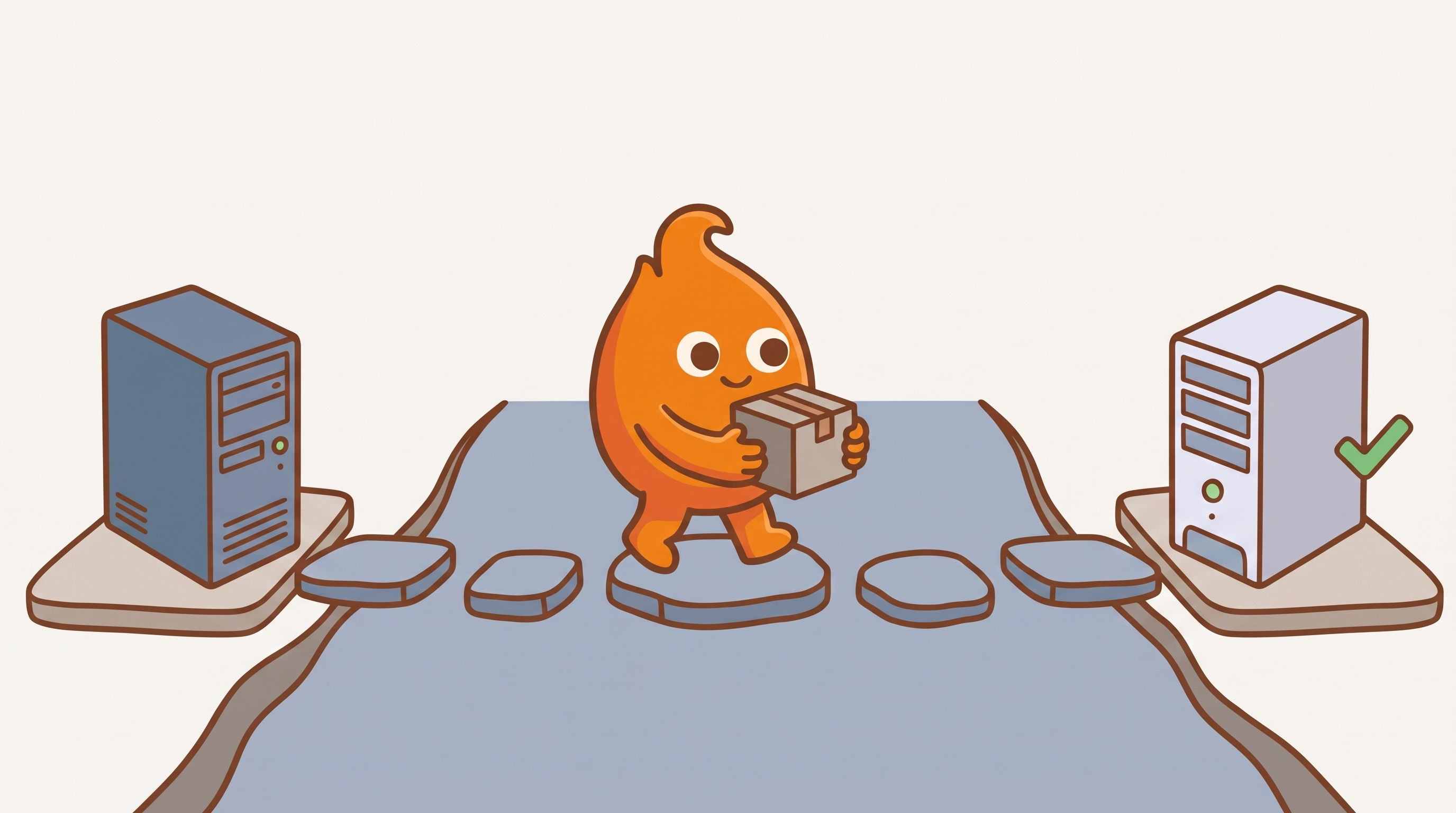 A small flame mascot carries a box across stepping stones in a stream from an old server on one bank to a new server with a green check on the other, showing a safe move off an unsupported platform