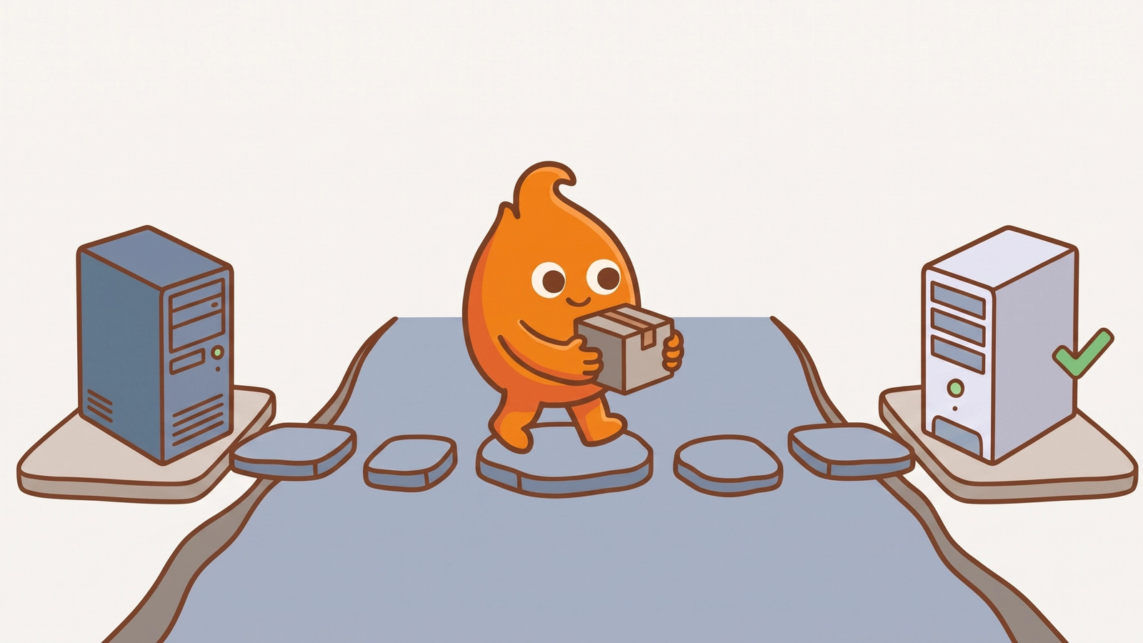A small flame mascot carries a box across stepping stones in a stream from an old server on one bank to a new server with a green check on the other, showing a safe move off an unsupported platform