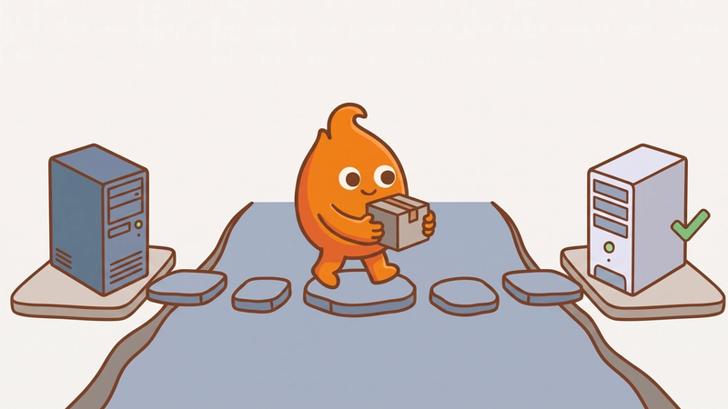 A small flame mascot carries a box across stepping stones in a stream from an old server on one bank to a new server with a green check on the other, showing a safe move off an unsupported platform