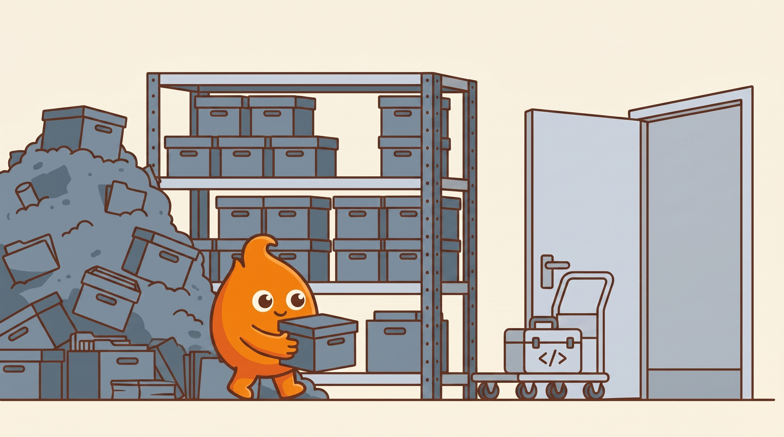 Illustration: a mountain of archive file boxes is shelved neatly beside a doorway so a small cart of code tools can finally roll through the clear door.