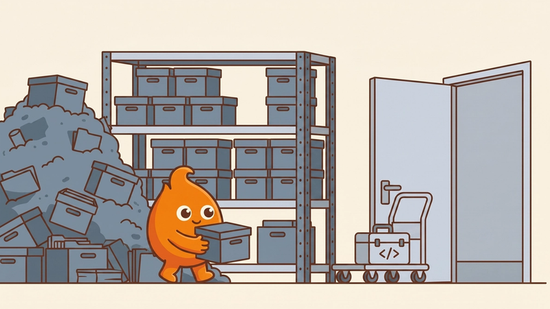 Illustration: a mountain of archive file boxes is shelved neatly beside a doorway so a small cart of code tools can finally roll through the clear door.