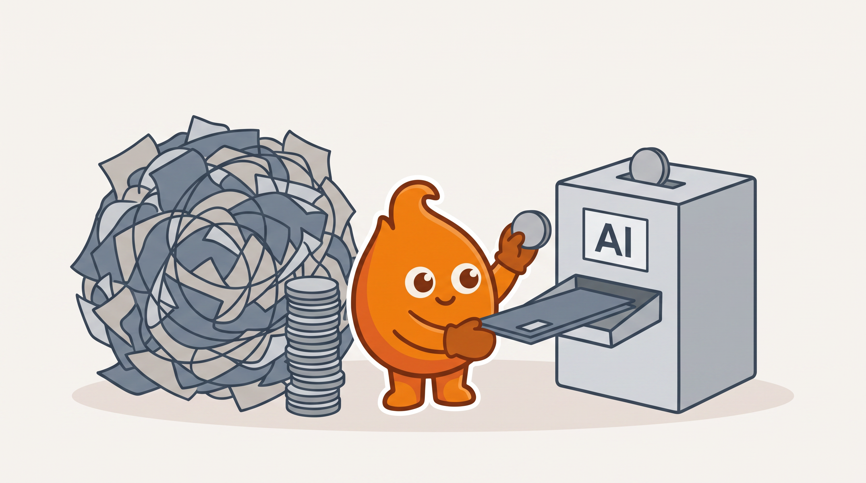 The character feeds a slim folder into a coin-slot AI reading machine while a tangled paper ball needs a tall stack of coins instead